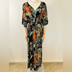 Cost Plus World Market Orange and Green Tiger Flutter Sleeve V-Neck Dress